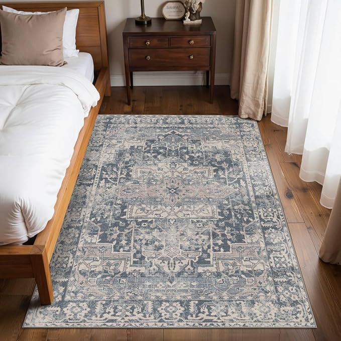 Rugxara Blue 4x6 Area Rug Washable Rug for Living Room Bedroom Office | Non Slip, Throw Rug for Entryway Dining Room Kids Room, Stain Resistant, Soft, Low Pile, Vintage Boho Retro Carpet