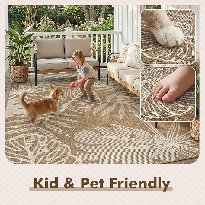 MontVoo-Outdoor Rug-Patio Rug 5x7 ft Polypropylene Indoor Outdoor Rugs Outdoor Carpet for Patio Deck Balcony Porch, Textured Weave, Durable for High Traffic, Fade-Resistant, Tropical Neutral Brown