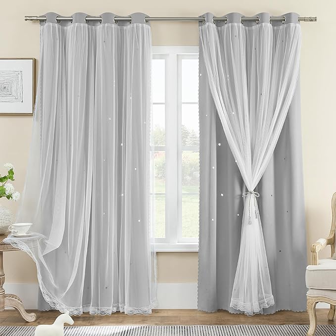 XiDi Grey Curtains for Modern Bedroom Living Room 96 Inches Long 2 Panels Thermal Insulated Kids Curtain Hollow-Out Star Window Nursery Curtains Boys Grommet Window Treatments Light Grey W34 x L96