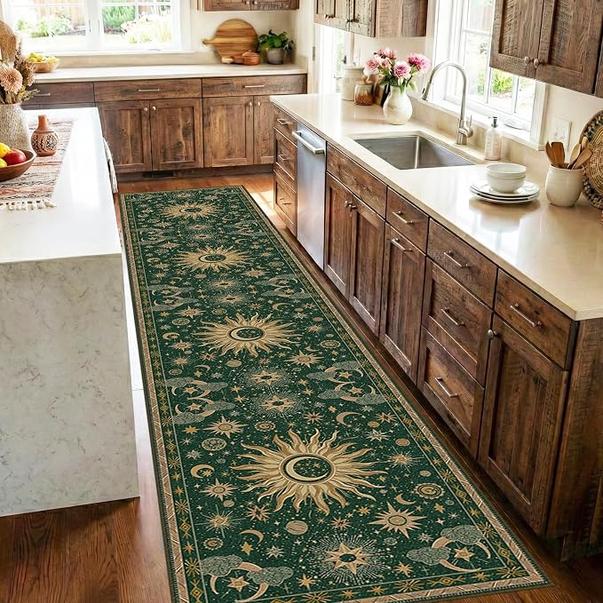 Vacuum-Friendly, 2x10 Washable Area Rug, Green Gold Yellow | Sun and Moon Boho Gothic Non-Slip Low Pile Living Roon Bedroom Dining Room Kitchen Entry Entryway Entrance Hallway Doormat
