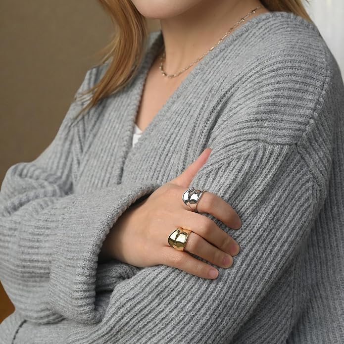 ORIGENCE Chunky Gold Silver Ring for Women 14K Gold Plated Wide Band Open Rings Tarnish-Free Thick Geometric Ring Irregular Statement Sculptural Jewelry Gift