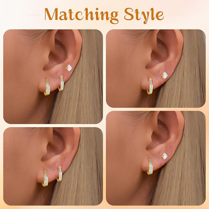 CiNily Opal Earrings Set for Women Hypoallergenic, Opal Stud Huggie Hoop Earrings Silver/Rose Gold Plated Dainty Hoop Huggie Silver Dangle Earring Stacks, Gold Jewelry