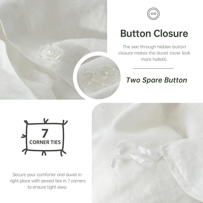 Simple&Opulence 100% Linen Duvet Cover Set, Natural French Flax White Duvet Cover Twin Size, Breathable Soft Comfy Linen Bedding Comforter Cover with 1 Pillowcase(White, 68"x86")