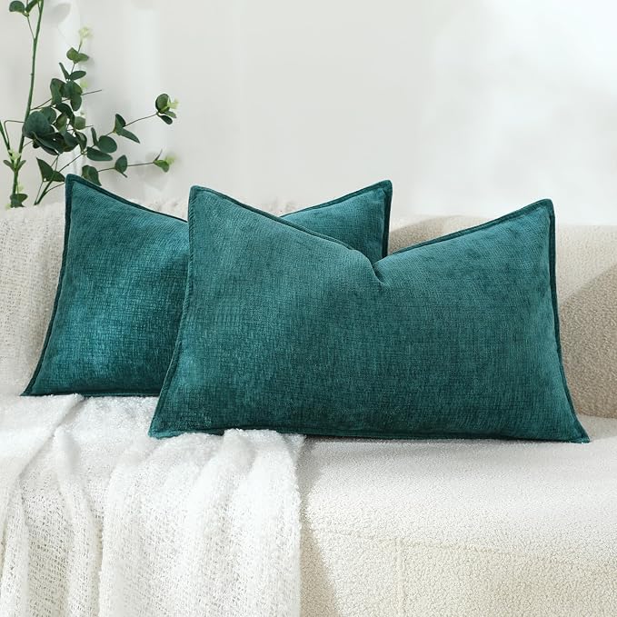 Stellhome Lumbar Chenille Throw Pillow Covers Set of 2 Super Soft Textured Decorative Pillow Covers Accent Solid Cushion Cover for Couch Sofa Bedroom Living Room 12x20 Inch, Teal