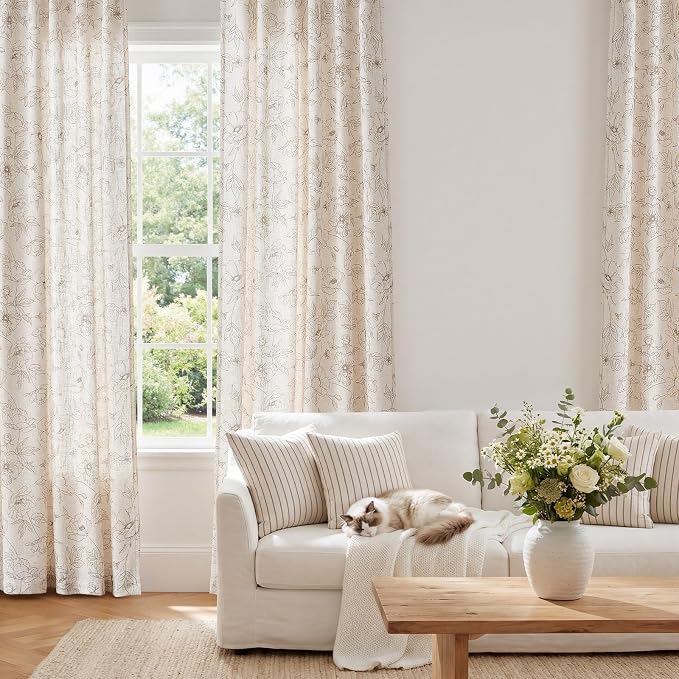 jinchan Floral Linen Curtains for Living Room 96 Inch Length Taupe Flower Curtain Rod Pocket Back Tab Farmhouse Curtains with Printed Floral Bedroom Window Curtain Set, 2 Panels Taupe