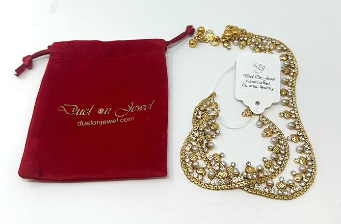 Duel On Jewel Gold Payal Set for Women, Indian Paayal Jhanjar Chain Anklets with Bell Detail, Foot Jewelry Pair, 10 Inch Comfort Fit, Traditional & Dainty Styles for Wedding Beach Everyday Gift
