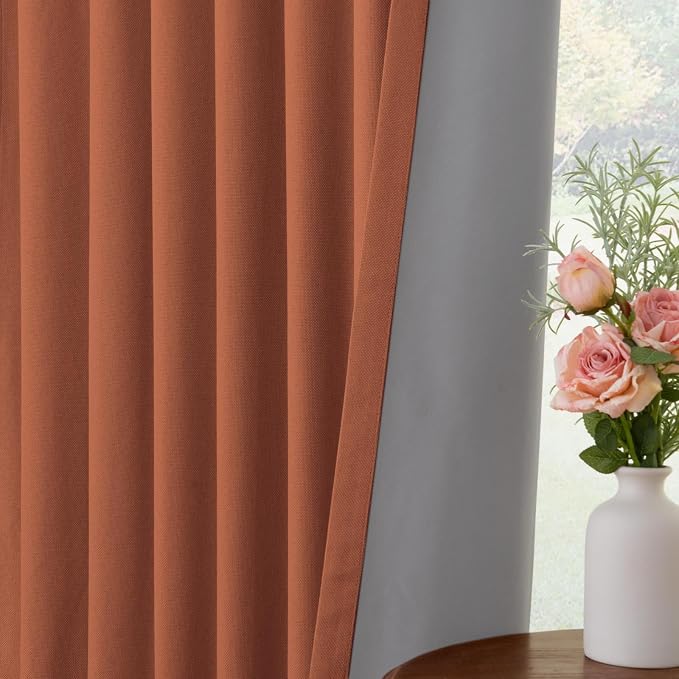 INOVADAY 100% Blackout Curtains for Bedroom, Orange Black Out Curtains 63 Inch Long, Clip Rings Linen Blackout Drapes, Thermal Insulated Room Darkening for Living Room, 2 Panels - W50xL63