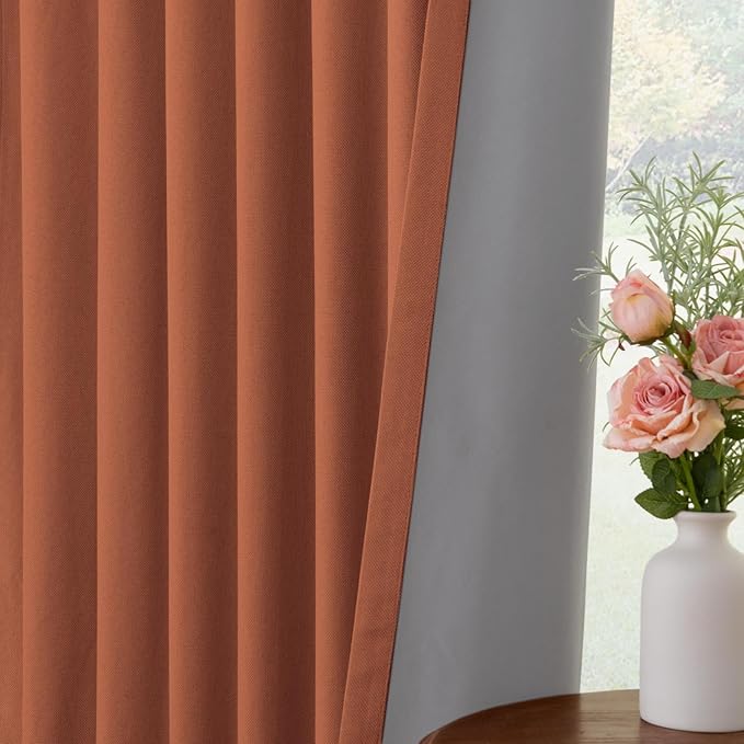 INOVADAY 100% Blackout Curtains for Bedroom, Orange Black Out Curtains 108 Inch Long, Clip Rings Linen Blackout Drapes, Thermal Insulated Room Darkening for Living Room, 2 Panels - W50xL108