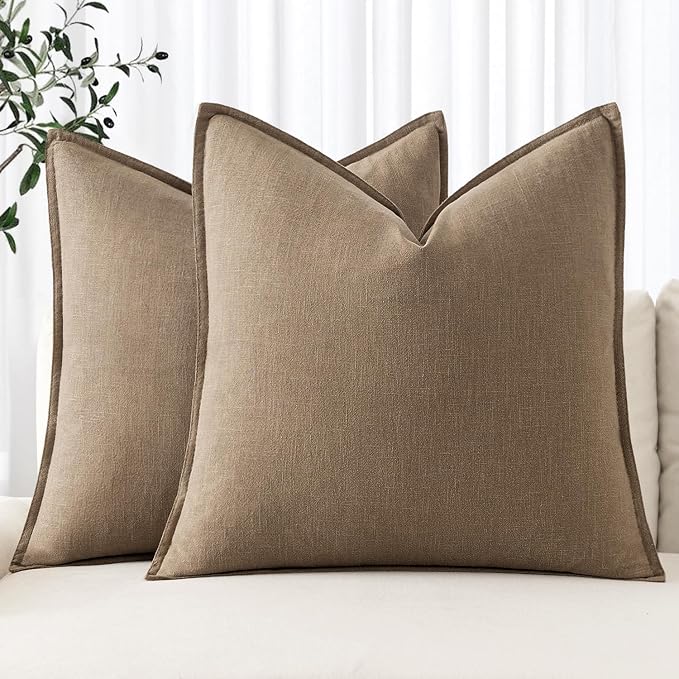 MIULEE Decorative Linen Euro Sham Pillow Covers 24x24 Khaki | Boho Farmhouse Fall Autumn Couch Throw Pillows for Bed, Pack of 2 Accent Modern Pillowcases, Sofa Livingroom Home Decor