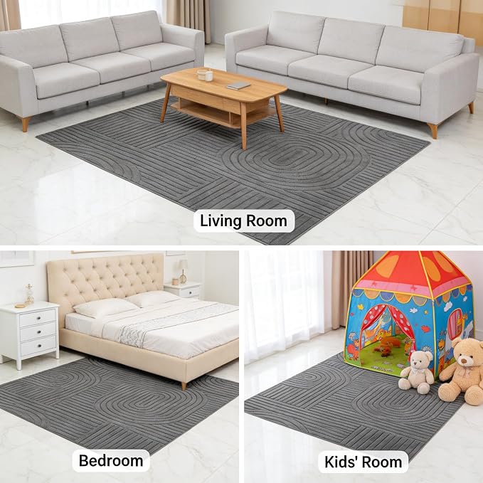 5x7 Grey Area Rug, Washable Rugs for Living Room Bedroom | Fluffy High-Low Pile Textured Rug with Modern Geometric Pattern, Ultra Soft Boho Carpet for Nursery, Kids Room, Home Office