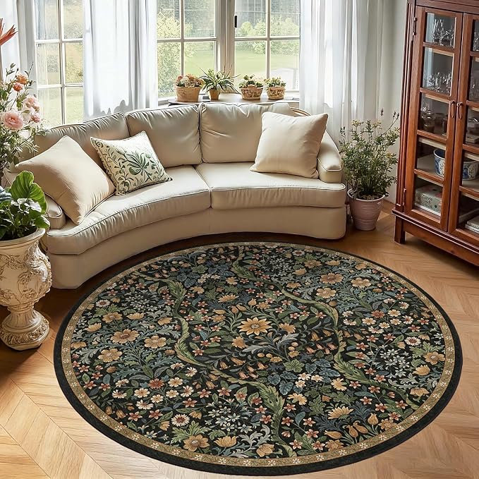 Round Rug 6ft Black Brown Washable Floral Circle Rug,Vintage Boho Botanical Round Area Rugs, Non-Slip Soft Low-Pile Circular Carpet for Bedroom,Kids Room,College Dorm,Home Decor