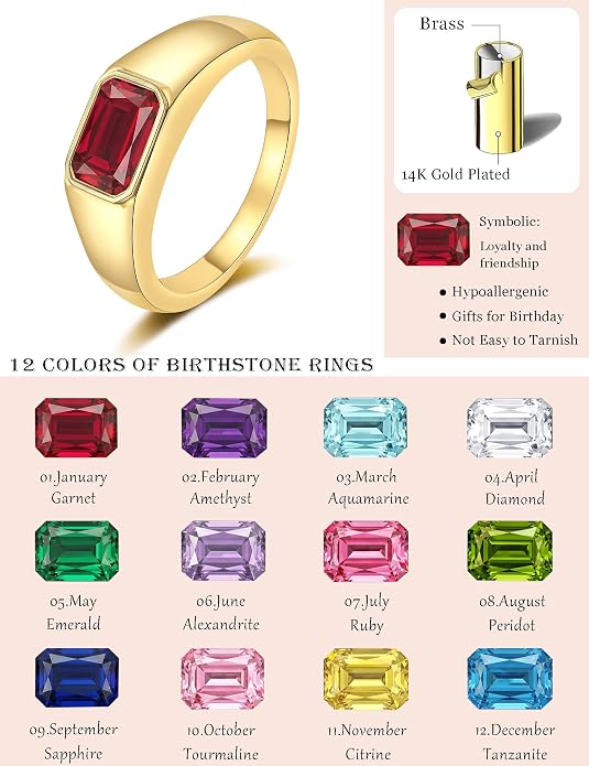 Birthstone Gold Rings for Women Non Tarnish 14K Gold Plated Chunky Emerald Rings Thumb Signet Statement Dainty CZ Band Ring Unique Waterproof Cute Jewelry Gift for Birthday Size 6-10