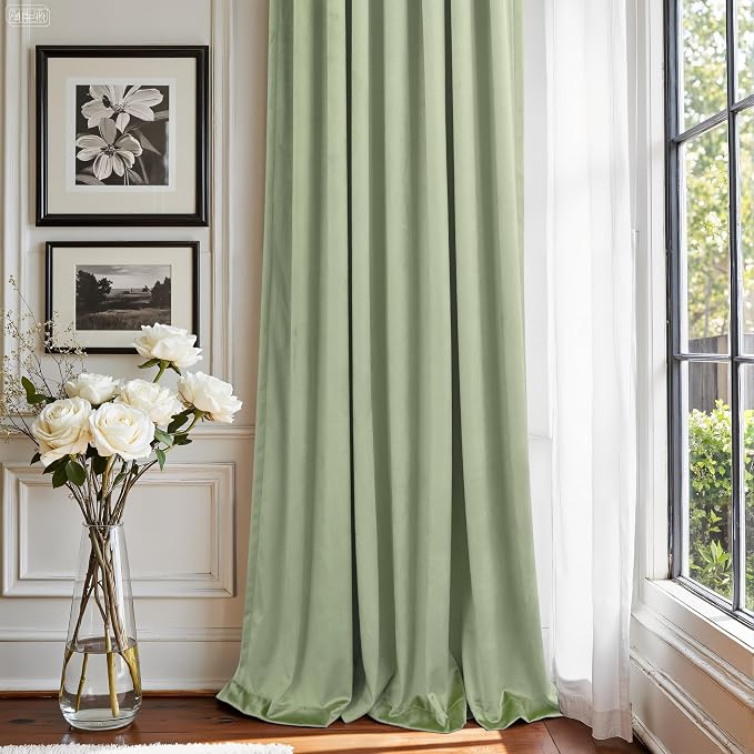 Sage Green Velvet Curtains 96 Inches Long 2 Panels for Living Room Darkening Soft Elegant Insulating Thermal Curtain for Summer Heat Blocking Light Sage Drapes for Sliding Glass Door Bedroom 96 Length