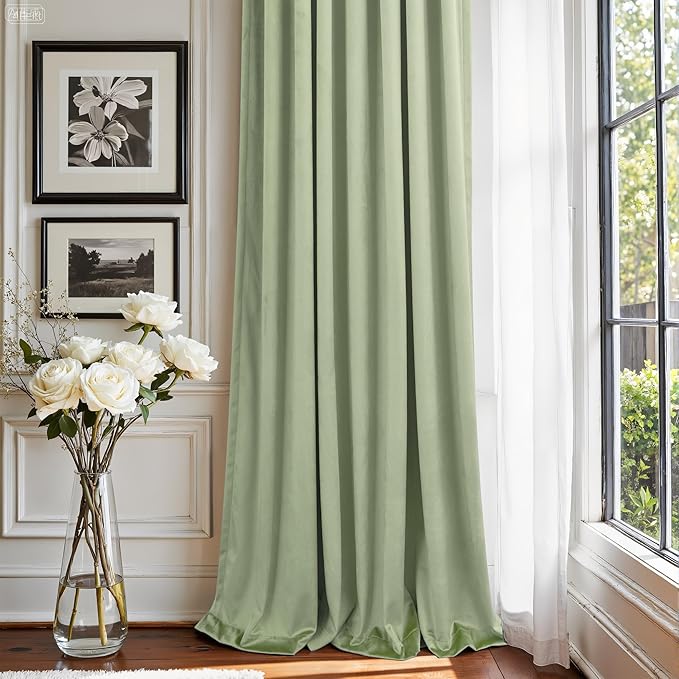 Sage Green Velvet Curtains 72 Inch Length for Mater Bedroom Boys Playroom Gamer Gaming Room Darkening Light Blocking Drape for Living Room Office Rustic Boho Vintage Luxury Home Decor Back Tab 2 Panel