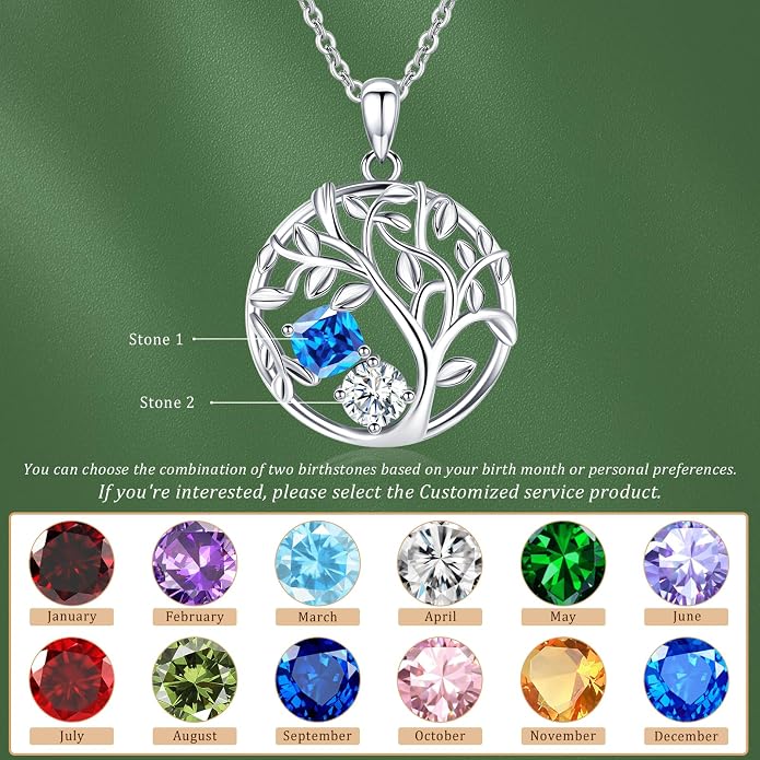 Tree of Life Birthstone Necklace for Women 925 Sterling Silver Birthstone Pendant 12 Months Necklaces with Zircon Birthday Gifts for Women, Mom, Grandma Cable Chain 18"+2"