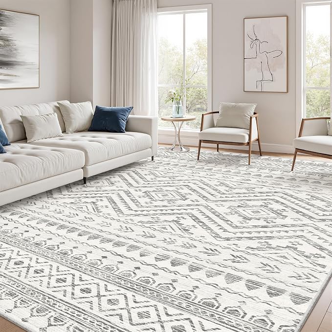 Miukiki 8x10 Area Rug for Living Room Moroccan Washable Rugs Non Slip Indoor Floor Carpet Foldable Large Soft Area Rug for Dining Room Bedroom with Low Pile(Grey,8'x10')