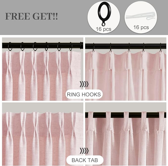 Light Pink Pinch Pleated 84 Inch Curtains for Living Room, Semi Sheer Light Filtering Privacy Linen Curtain Memory Trained Back Tab Drapes with Hooks Rings for Girls Bedroom, 2 Panels, W40xL84