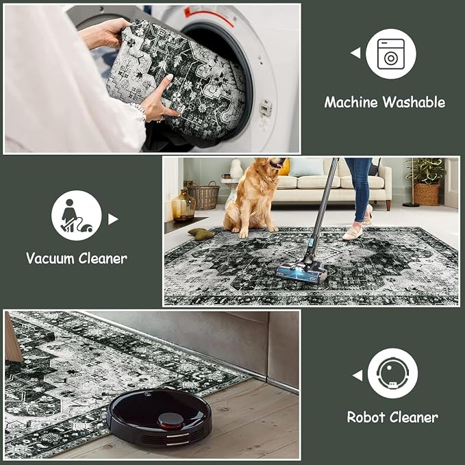 Moynesa Ultra-Thin Washable Area Rugs 8x10 Black and White Rugs for Living Room, Boho Large Rugs for Bedroom Non Slip Lightweight, Vintage Low Pile Carpet for Dining Room Home Office Decor