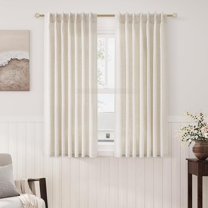 Natural Cream Pinch Pleat Linen Curtains 45 Inch Long for Kitchen Pleated with Hooks Back Tab Light Filtering Boho Farmhouse Short Semi Sheer 45 Inch Cafe Curtain for Dining Room RV Small Window