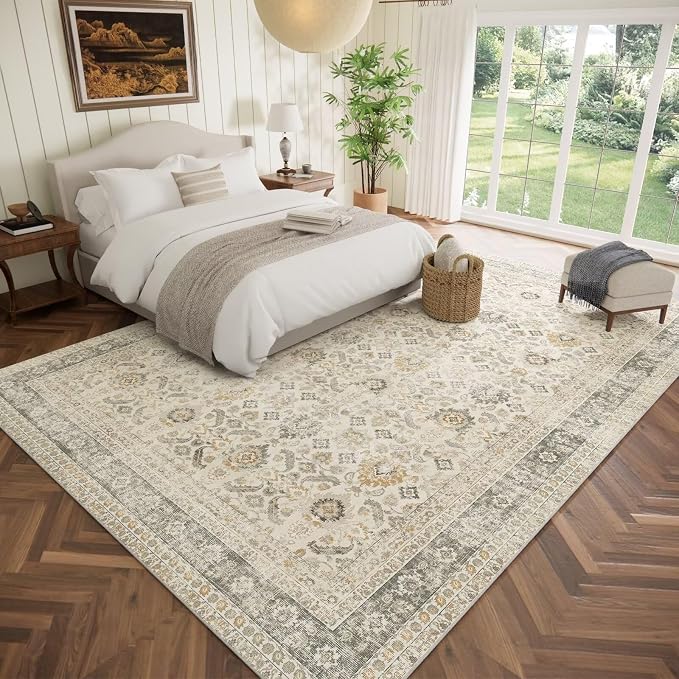 Boho Washable 10x14 Area Rugs for Living Room, Cushioned, Beige/Grey | Vintage Non-slip Neutral Oriental Rugs for Bedroom Dining Room Nursery Office High Traffic Area