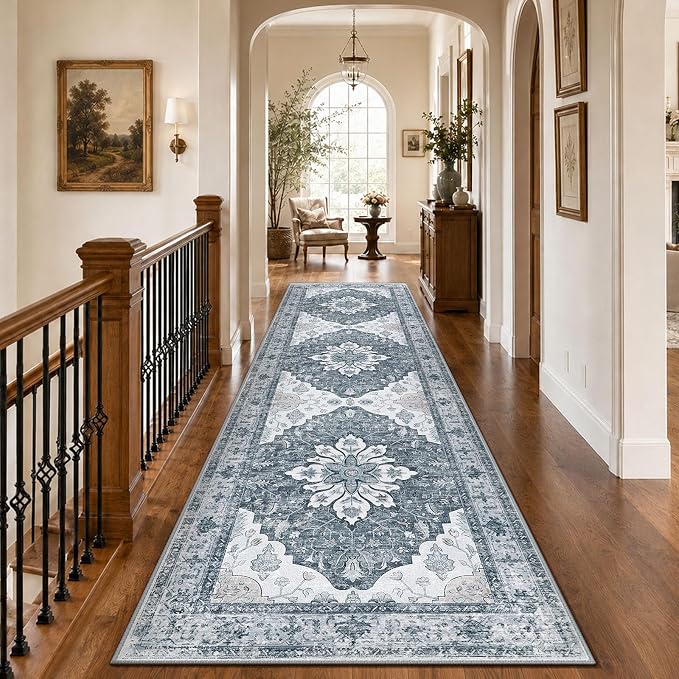 RELEANY Area Rugs Runner 3'x10' Washable Non-Slip, Floral Vintage Distress Medallion Carpet for Kitchen Hallway Bedroom Beside Laundry Room Bathroom, Light Gray Grey White