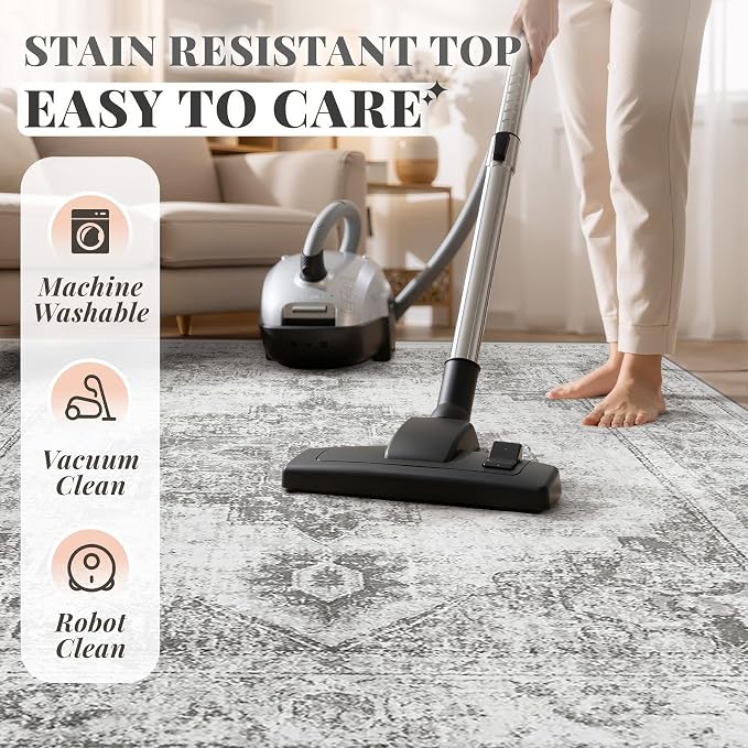 Area Rug 6x9 Vintage Rugs: Washable Indoor Medallion Rug Low Pile Distressed Floor Carpet Retro Accent Rugs for Living Room Bedroom Kitchen Dining Table Home Office(Grey, 6'x9')