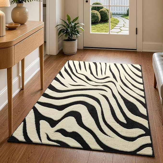 YIHOUSE Zebra Entryway Rugs 3×5: Modern Washable Non-Slip Small Area Rug | Black and Cream White Stripe, Textured High Low Pile, Fluffy Soft, Floor Carpet for Bedroom, Nursery, Living Room, Kids Room