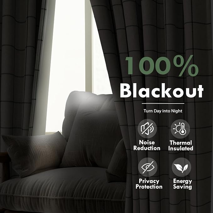 DriftAway 100% Blackout Plaid Linen Curtains W52xL84 Loden Green | 100% Blackout, Linen Texture, Plaid Pattern, Two Layers, Rod Pocket & Back Tab, Bedroom Living Room Use, Luxury Appearance