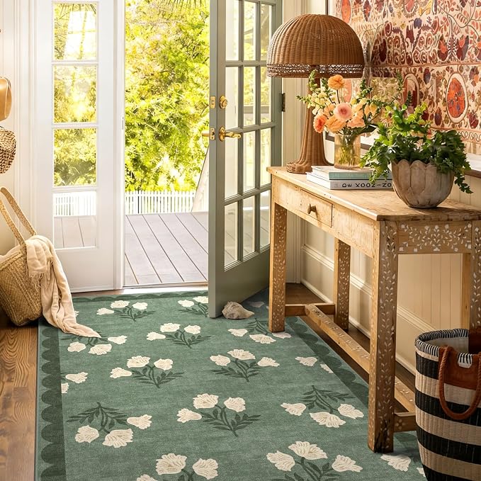 4x6 Boho Bedroom Rug - Sage Green Soft Washable Entry Rug Non Slip Stain Resistant Vintage Floral Scalloped Area Rugs for Living Room Bedroom Entryway Dining Room Kitchen Nursery Home Decor