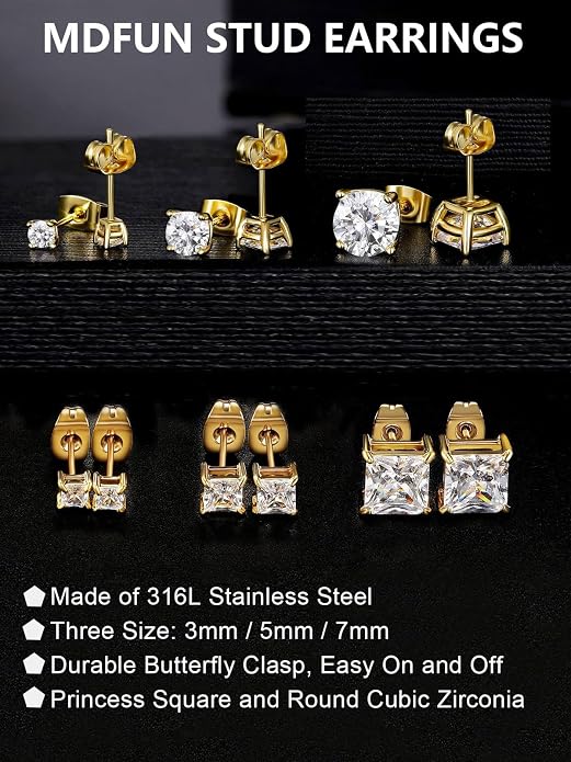MDFUN 6 Pairs Stud Earrings Set 3mm/5mm/7mm Princess & Round Cubic Zirconia Earrings Hypoallergenic 316L Surgical Stainless Steel CZ Earrings for Women Men