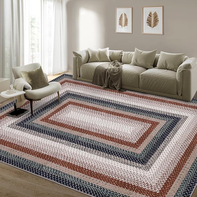 RUGSREAL Braided Washable Area Rug 8x10 Large Rug for Living Room Modern Braid Bedroom Rug Non Slip Stain Resistant Dining Room Throw Carpet Soft Farmhouse Accent Carpet for Home Decor, Olive/Brown