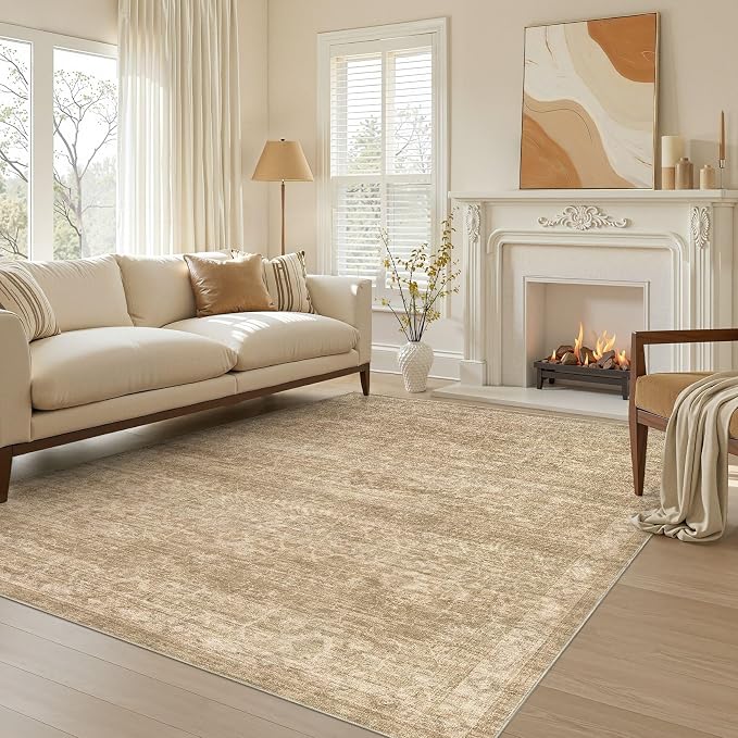 Nakagishi 6x9 Area Rugs Living Room: Washable Large Vintage Rug Neutral Non-Slip Soft Stain Resistant Indoor Carpet for Bedroom Nursery Dining Room Office Playroom - Dark Brown
