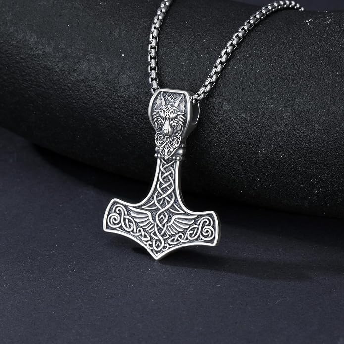 PROESS Thors Hammer Necklace Sterling Silver Celtic Knot Wolf/Lion/Raven Necklace Viking Mjolnir Pendant Jewelry for Men