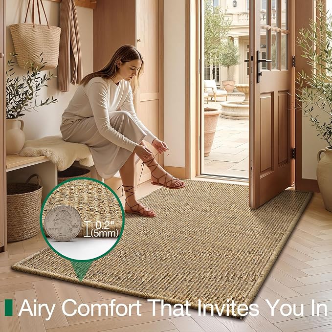 LUMI Indoor Door Mat 36"x60", Non-Slip Handwoven Sisal Rug, Solid Brown | Handcrafted Natural Sisal Fibers, Reinforced Edges Resist Fraying, 0.2" Low-Profile Doormat, Dot-Coated Non-Slip Backing