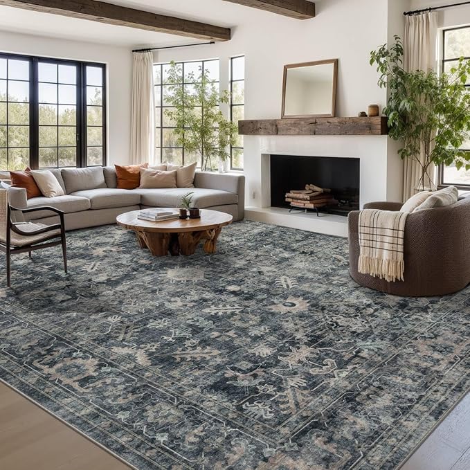 Rugxara Blue 9x12 Area Rugs for Living Room Bedroom Large Washable Rug | Non Slip, Rug for Dining Room Office Farmhouse, Stain Resistant, Soft, Low Pile, Vintage Boho Retro Carpet, Home Decor