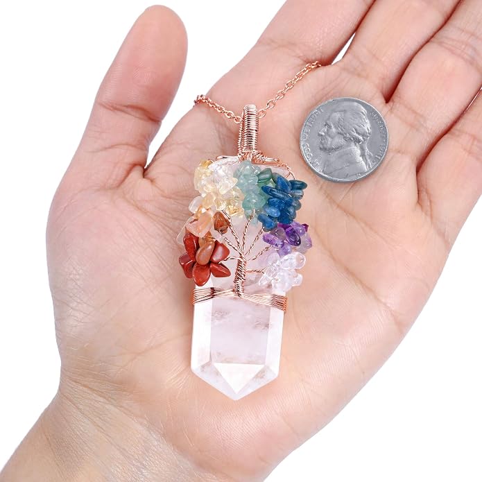 Natural 7 Chakra Stone Life Tree Pendant Necklace Reiki Healing Crystal Tumbled Stones Necklace Women Jewelry for Good Luck, Meditation, Protection, Energy Balancing, Gift