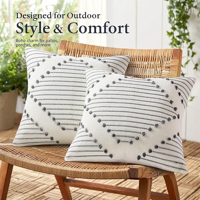Mecatny Boho Summer Outdoor Throw Pillow Covers 12X20 Set of 2, Farmhouse Lumbar Pillow Covers for Couch Sofa Living Room, Grey & Cream White