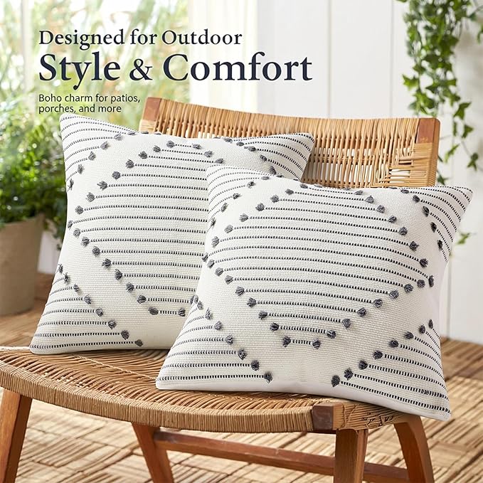 Mecatny Boho Summer Outdoor Throw Pillow Covers 20X20 Set of 2, Farmhouse Decorative Pillow Covers for Couch Sofa Living Room, Grey & Cream White