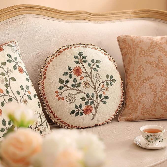 ISAENNE Designer Linen Throw Pillow Cover,Set of 2,Diameter 16"-Flora B | Vintage French Round Decor Pillow Cover,Concealed Zipper Design,Floral Pattern,Sofas,Bedroom,Living Room,Lounge Chairs