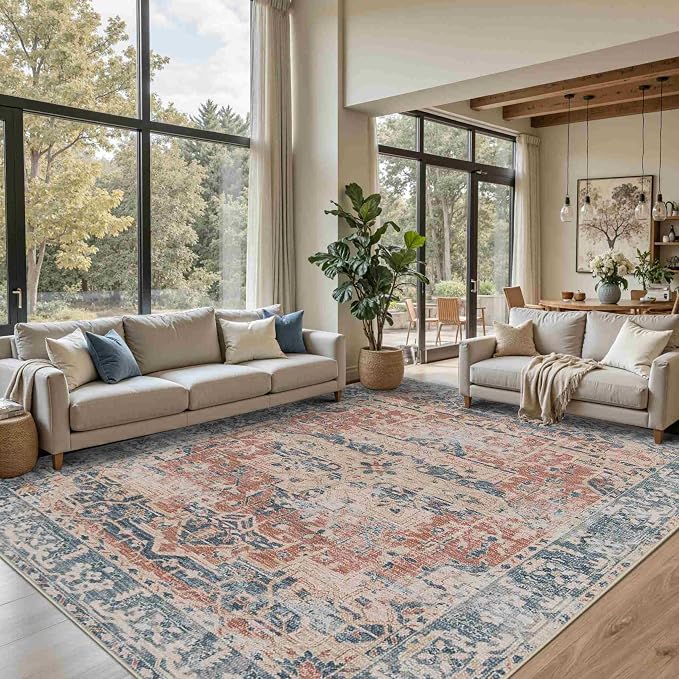 Rugxara 8x10 Area Rugs for Living Room Large Washable Rug, Coral Blue | Non Slip, Rug for Dining Room Bedroom Office Kids Room, Stain Resistant, Soft, Low Pile, Vintage Boho Retro Carpet,Home Decor
