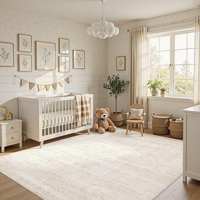 Nakagishi 5x7 Area Rugs Living Room: Washable Large Vintage Rug Neutral Non-Slip Soft Stain Resistant Indoor Carpet for Bedroom Nursery Dining Room Office Playroom - Beige White