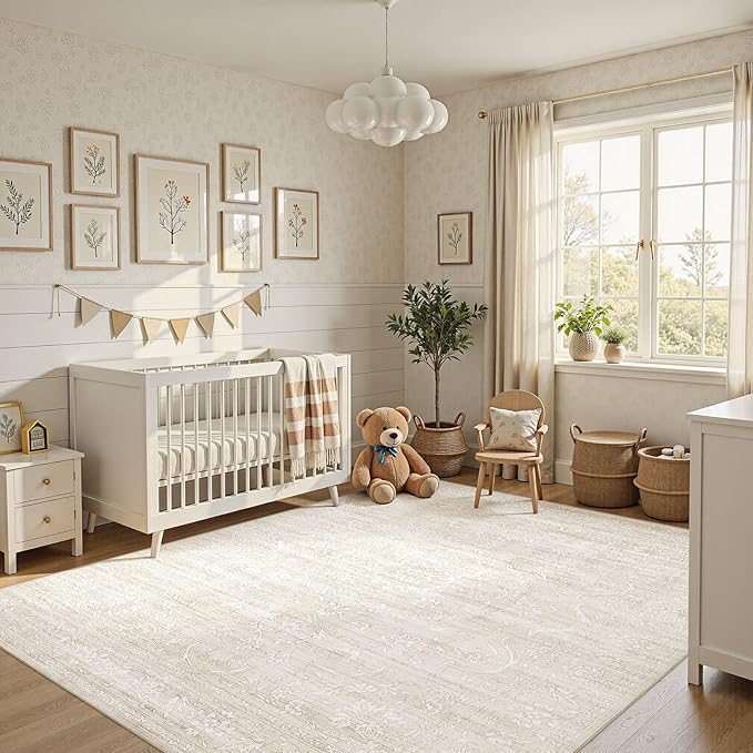 Nakagishi 6x9 Area Rugs Living Room: Washable Large Vintage Rug Neutral Non-Slip Soft Stain Resistant Indoor Carpet for Bedroom Nursery Dining Room Office Playroom - Beige White