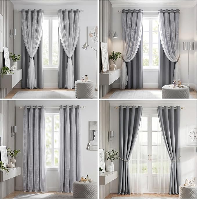 MYSKY HOME 65% Blackout Curtains for Girls Bedroom & Nursery Kids Grey Cute Curtains Double Layer with Polka Dots Sheer, Grommet Tops, 52x95 Inch Each Panel, 2 Panels