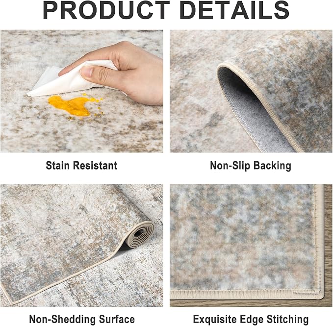 Area Rugs Living Room Rug - 4x6 Washable Modern Abstract Soft Neutral Non-Slip Carpet Large Indoor Floor Stain Resistant Thin Carpets for Bedroom Dining Room Farmhouse Nursery Home Office Brown Grey