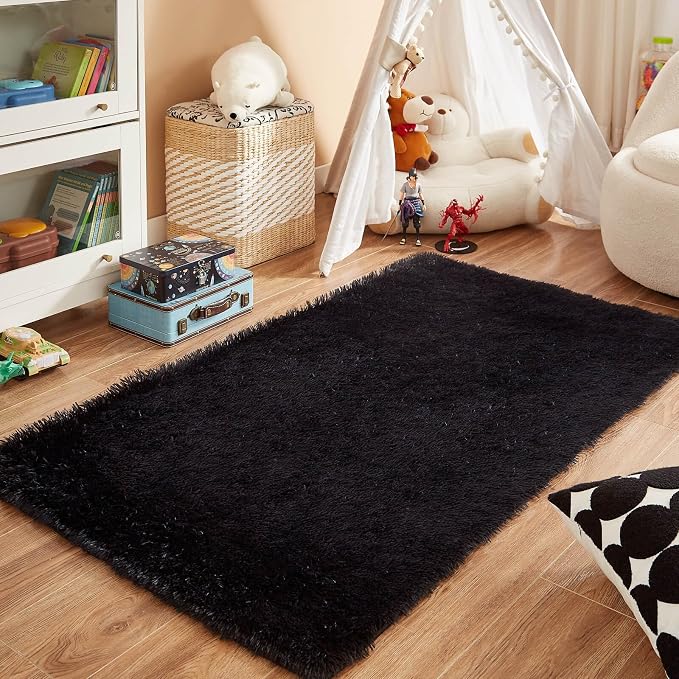 Floralux 4x6 Shag Fluffy Rug for Bedroom, Black, Area Rugs for Bedroom Living Room, Non-Slip Indoor Floor Plush Carpet for Nursery, Kids Baby Boys Teen Dorm Home Decor Aesthetic