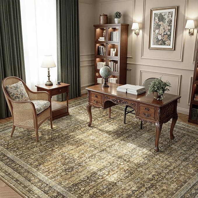 8x10 Washable Area Rugs for Living Room Bedroom, Non-Slip Large Rugs | Vintage Distressed Retro; Low Pile; Stain Resistant; Neutral Boho Carpet for Dining Room, Nursery, Home Office; Caramel Brown