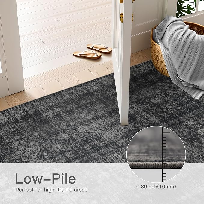 5x7 Vintage Washable Area Rug, Dark Black | Living Room,Low Pile,Non Slip,Non-Shedding,Soft Indoor Stain Resistant,Floral Print Mat for Bedroom Dining Room