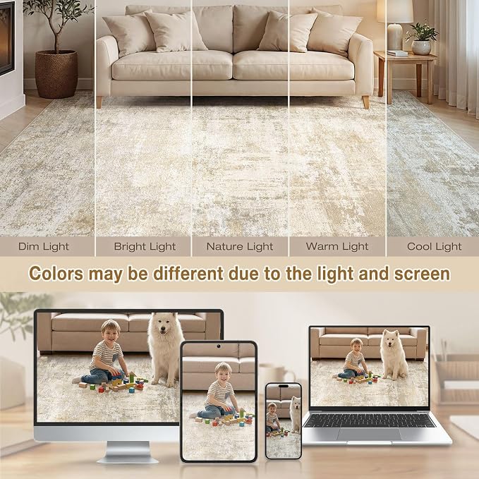 cotiled 5x7 Area Rugs Abstract Soft Non Slip Washable Living Room Rug | Stain Resistant, Robot Vacuum & Pet Friendly, Low-pile, For Living Room, Bedroom, Dining Table, Nursery Beige