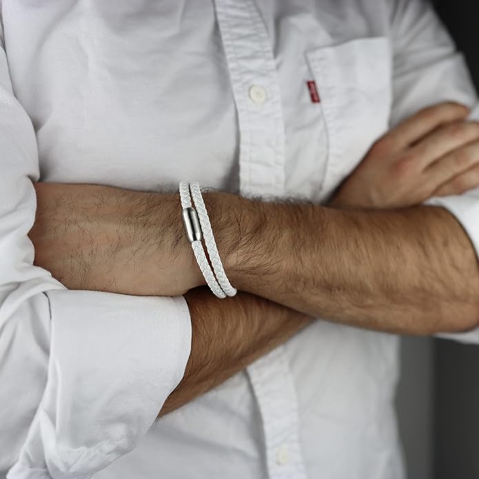 globi Leather Bracelet For Men | Genuine Wrap Braided Leather Cuff Bangle Bracelet with Magnetic Stainless Steel Clasp For Men/Women