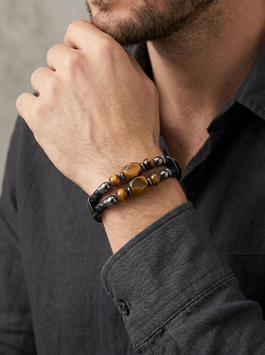 Black Braided Leather Bracelet for Men with Turquoise, Lapis Lazuli, Tiger Eye, Obsidian Stone Double-Row Wristband Beads with Stainless Steel Clasp Fashion Jewelry Gift for Him